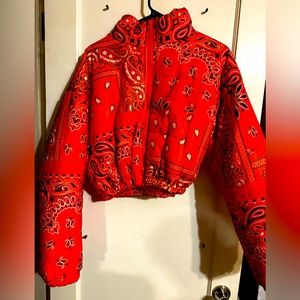 Orange paisley crop puffer